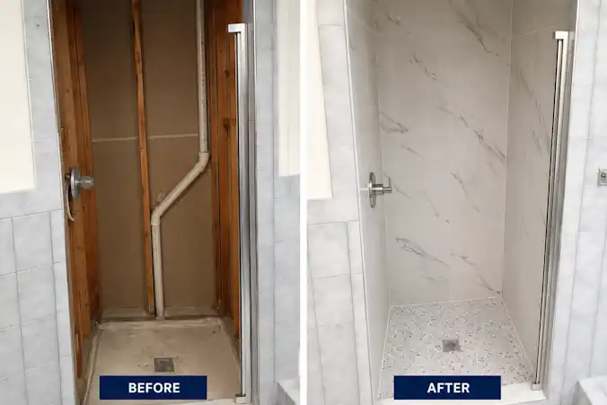Before and after comparison of an unfinished shower and completed tiled shower