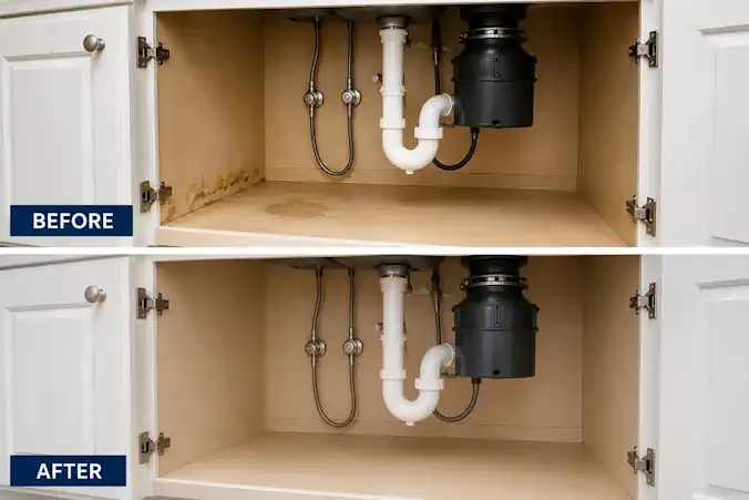 Before and after comparison of under-sink water damage and repaired cabinet interior