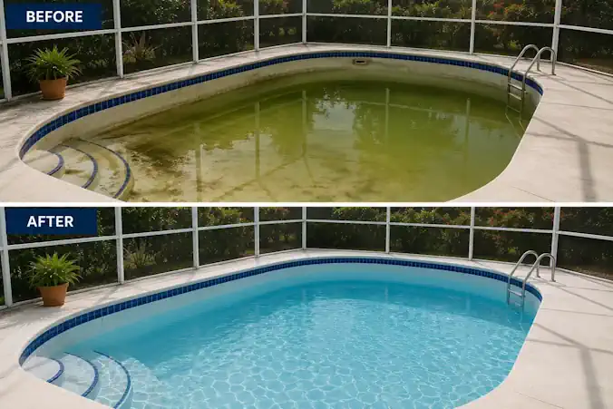 Before and after comparison of a neglected discolored pool and clean maintained pool
